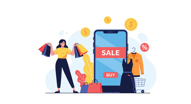 Excited young woman holds colorful shopping bags next to a giant smartphone showing an online clothing dress sale.