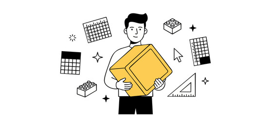 Project manager holding yellow block planning digital tasks and timeline schedules with icons of calendars and bricks. Minimal line art vector illustration for business productivity and scrum workflow © Dinali