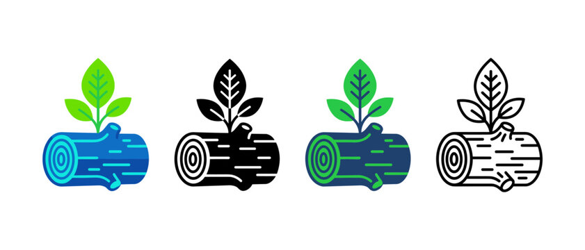 Sustainable Timber Production Icon with Log Leaf, Forestry Wood Harvest and Renewable Resource Symbols in Flat, Silhouette, Outline and Glyph Design