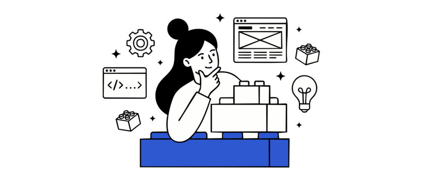 Female programmer designing website interface using building blocks for modular coding and creative software development concept, thinking woman vector illustration in line art style with gear and bul