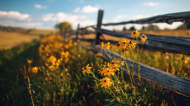 Rustic split-rail fence with blooming rudbeckia in a sunlit meadow