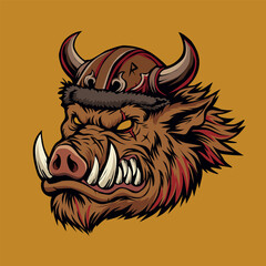 Fierce warthog warrior head with horned helmet, aggressive boar vector illustration for merchandise, Angry wild boar viking mascot logo illustration for esport gaming or t-shirt design vector © ZUHRI