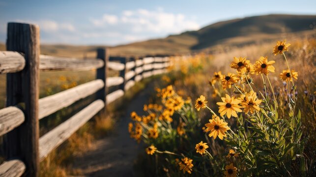 Pastoral countryside fence line with bright rudbeckia blooms