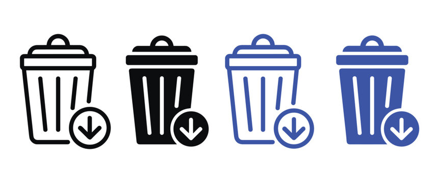 Trash Bin Download Icons, outline and solid styles with download arrow symbols for file management and storage vector design