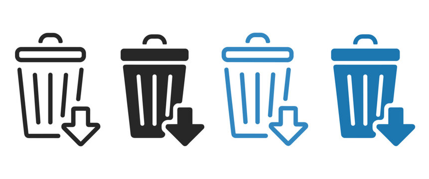 Trash Bin Download Icons, outline and solid styles with download arrow symbols for file management and storage vector design