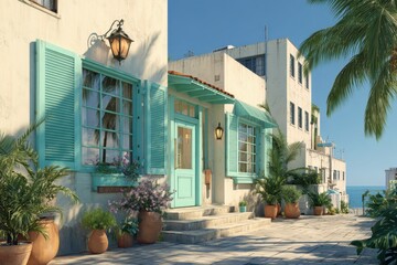 Fototapeta premium Open shutters and glass entrance on a beachside residence with tropical landscaping and pastel tones