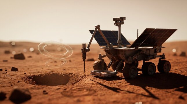 Mars rover beside a shallow drill pit on red regolith, with solar panels, a robotic arm, and a sample tray under a pale sky; translucent hydrocarbon ring structures hover above the soil to suggest