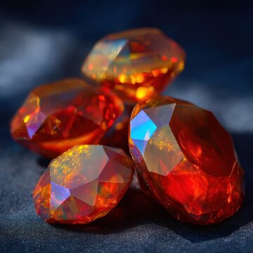 Macro photograph of fiery fire opal gemstones with vivid orange-red iridescence on a dark velvet background