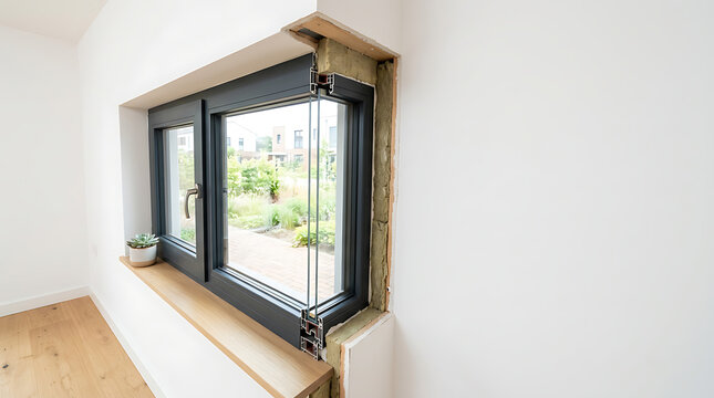 Cross section of a double glazed window installation showing insulation. Cutaway detail of modern energy efficient window frame in a white wall