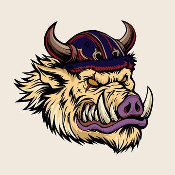 Fierce warthog warrior head with horned helmet, aggressive boar vector illustration for merchandise, Angry wild boar viking mascot logo illustration for esport gaming or t-shirt design vector