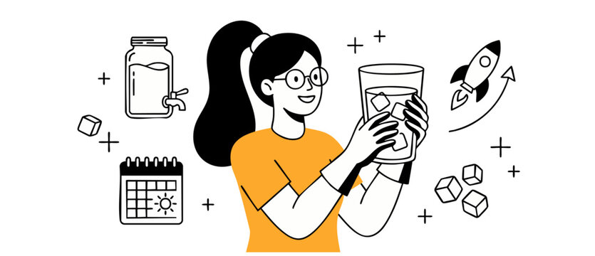 Woman drinking water vector illustration tracking healthy daily habits and hydration with calendar tracker, rocket boost, and refreshing glass of cold ice water for wellness, energy, and self care.
