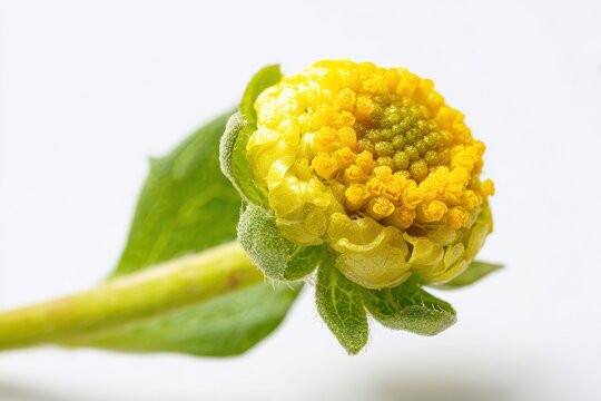Macro photograph of Acmella oleracea flower with green leaves on white background