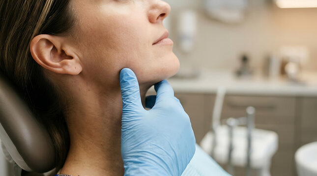 Close up of dentist examining female patient jaw. Doctor in blue gloves touching woman face in clinic. Medical checkup and healthcare concept