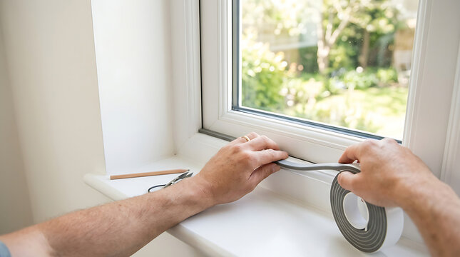 Applying weather stripping foam tape to white window frame. Hands installing adhesive draft seal for energy efficiency
