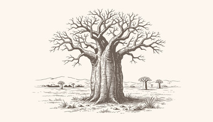 Fototapeta premium Vintage Baobab Tree Vector Illustration with African Savanna Landscape, Ancient Gnarled Trunk, Distant Trees, and Desert Mountains in Retro Hand Drawn Engraving Sketch Style