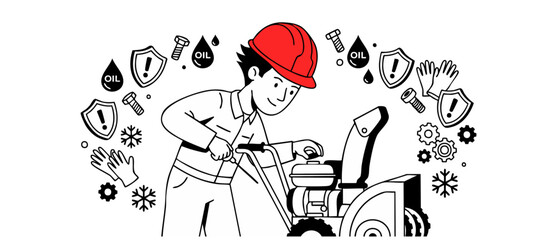Obraz premium Snowblower maintenance mechanic repairing machine with red hard hat line art illustration for winter snow thrower service engine checkup technical safety concept design isolated on white background