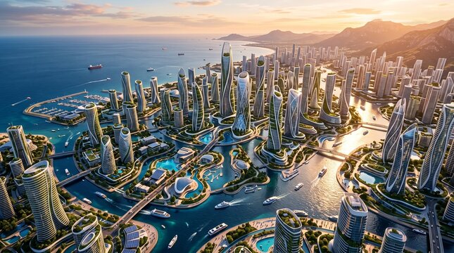 Futuristic coastal city landscape featuring sustainable architecture, green skyscrapers, and winding waterways at sunset