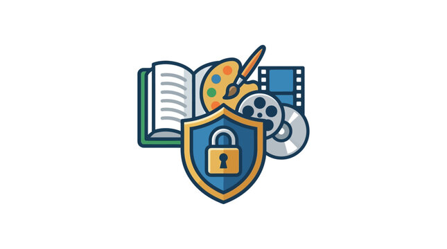 Secure creative archive featuring documents media and intellectual property elements in modern vector design