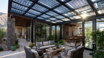 Fototapeta premium Modern solar patio with glass roof and outdoor living and dining area in desert home