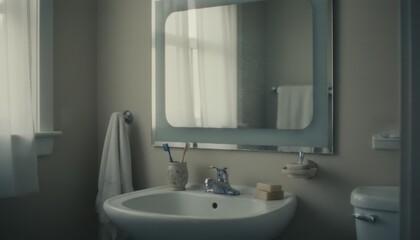 Fototapeta premium Minimalist bathroom interior featuring a round sink, mirror, and soft natural light from sheer curtains