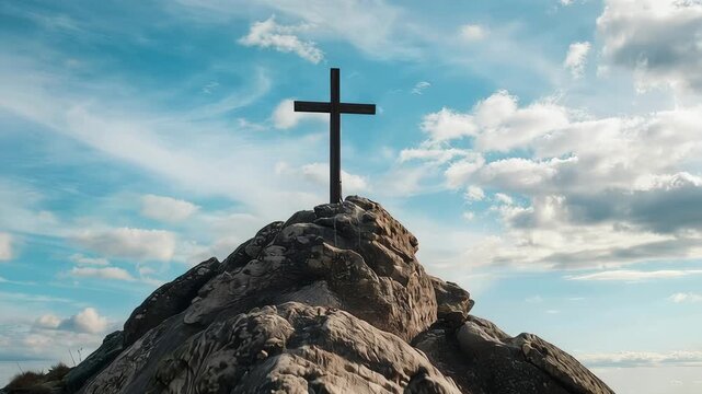 Wooden Cross on Rocky Mountain Peak Under Blue Sky Seamless Loop