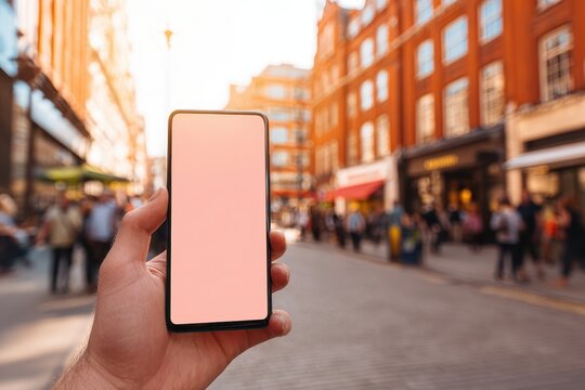Smartphone in a London street scene displaying a generic corporate logo