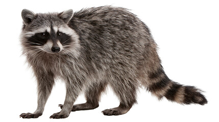 Fluffy grey raccoon with black mask and striped tail, isolated on transparent background © George