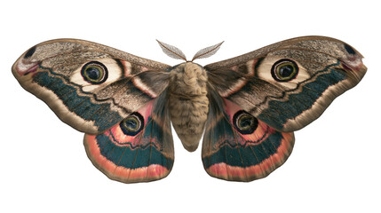 Detailed brown moth with eye spots and colorful wing patterns, isolated on transparent background © George