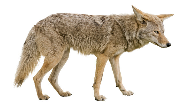 Coyote with tan and grey fur standing alert, isolated on transparent background