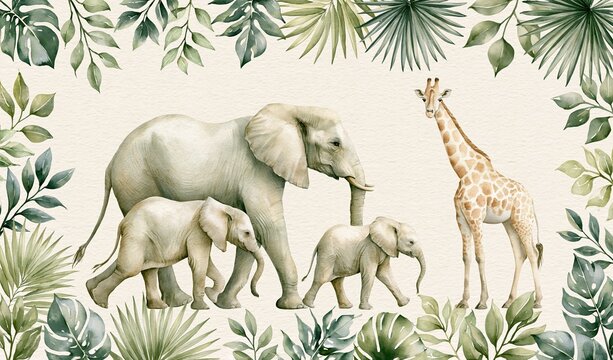 Watercolor safari animals with elephant family and giraffe in jungle