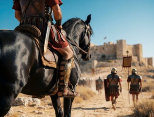 Obraz premium Roman soldier on horseback overlooking a fortified castle with marching legionnaires in the background under a clear blue sky