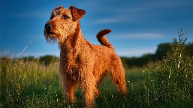 Playful dog in a tranquil countryside meadow under a blue sky
