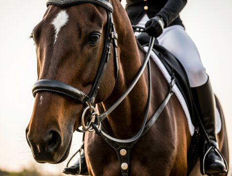 Close-Up of a Beautiful Brown Horse with Rider in Equestrian Gear Against a Soft Sunset Background
