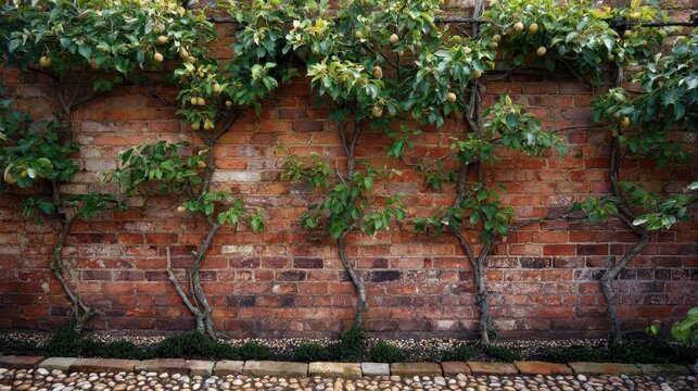 Ornamental espalier pear against a brick wall, tidy branches and green foliage
