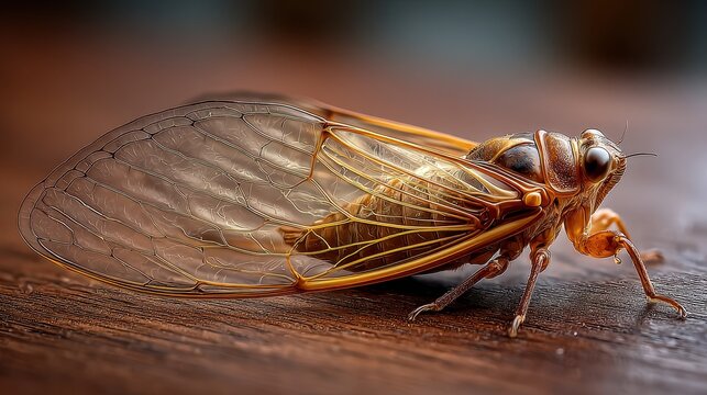 Macro study of a dried cicada shell resting on a rustic wooden surface