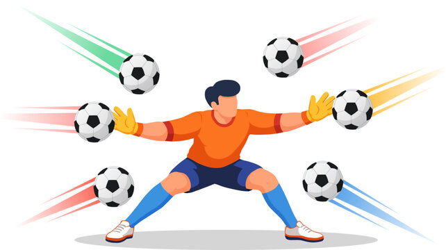 Goalkeeper under pressure. Multitasking concept. Blocking multiple challenges. Flat vector illustration