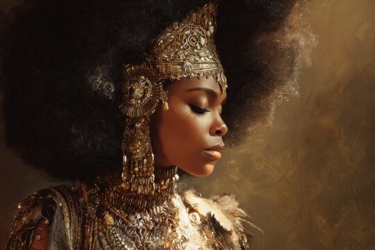 Regal Afro Queen: illustrated portrait of a confident woman with a voluminous afro and crown