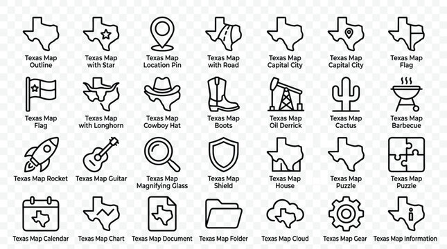 Texas state map icon collection featuring regional symbols like capital city longhorn cowboy hat oil derrick and local landmarks for tourism and cultural branding.