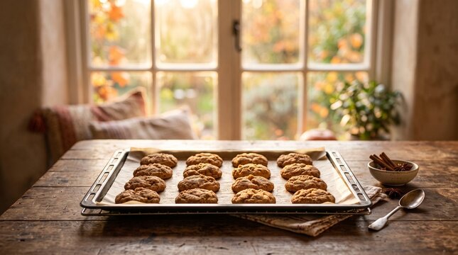Freshly Baked Autumn Cookies Cooling on a Tray by a Window with Fall Foliage Outside
