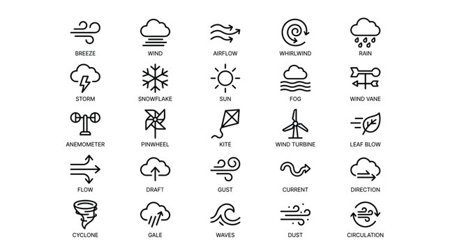 Weather and wind phenomenon icons set containing symbols for breeze airflow whirlwind storm cyclone gust and atmospheric conditions in linear vector style art.