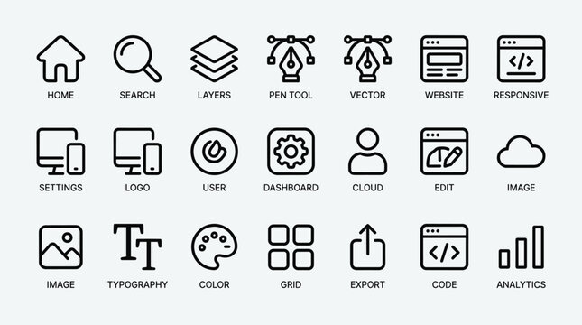 Web design elements, ui ux interface icons, website development symbols, responsive design graphics, user settings, logo branding, digital media, analytics dashboard and data visualization.