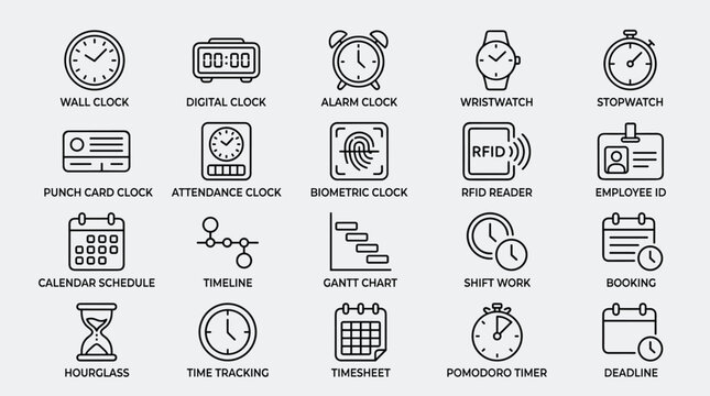 Workplace time tracking and attendance icons set for human resources management and employee monitoring featuring biometric clocks and rfid readers in outline.