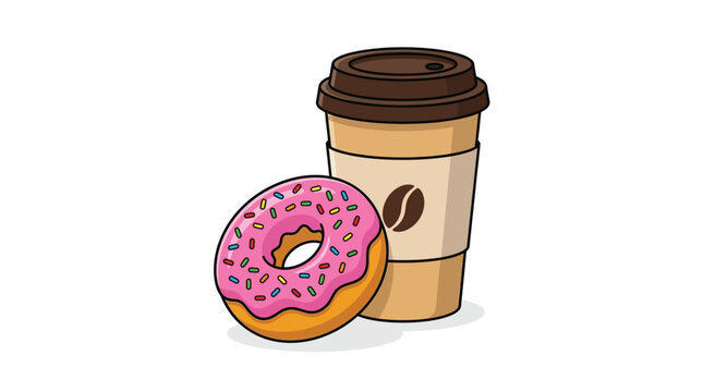 A colorful vector illustration featuring a delicious pink frosted donut and a hot coffee cup