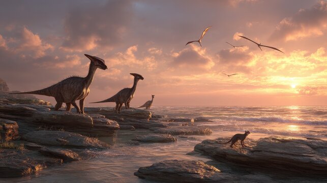 Three parasaurolophus on a rocky shoreline at golden hour with pterosaurs overhead and a curious small mammal watching