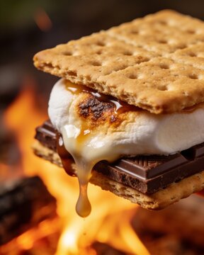 A close-up of a complete, toasted smore with melting marshmallow dripping over a chocolate bar, set against the warm, glowing flames of a summer vacation campfire.