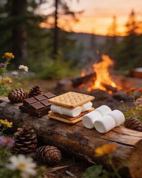 Smores ingredients like graham crackers, chocolate, and marshmallows are placed on a mossy log with pine cones, set against a warm, glowing summer vacation campfire.