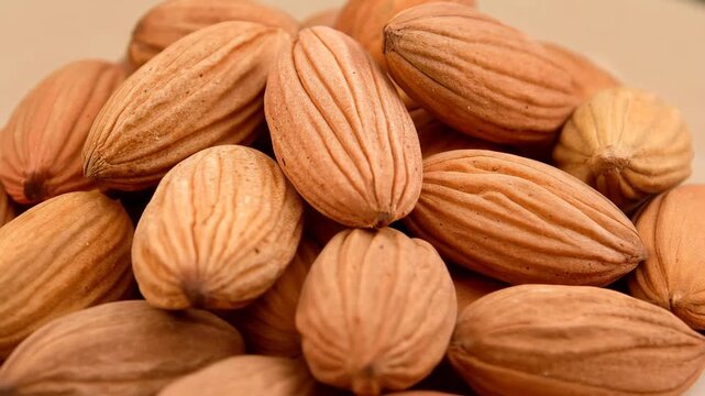 Pile of raw brown almond nuts with distinct shell textures filled tightly in the entire frame. Concept of healthy eating and organic nutrition
