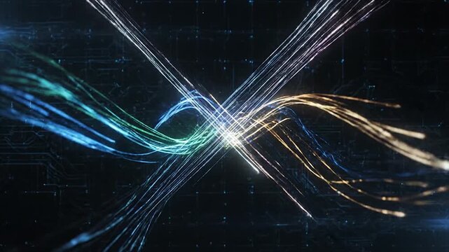 Abstract light trails swirling in a dark void create a dynamic burst of energy and motion with neon blue and white hues.