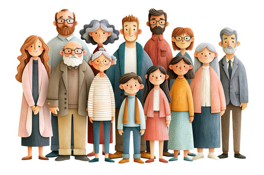 Family group of diverse cartoon grandparents and kids on white