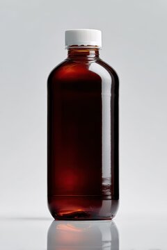 Vertical brown plastic bottle of hydrogen peroxide on a white studio background